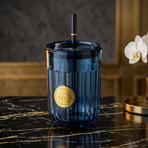 Modern Ribbed Blue Glass Tumbler with Straw (450 ML)