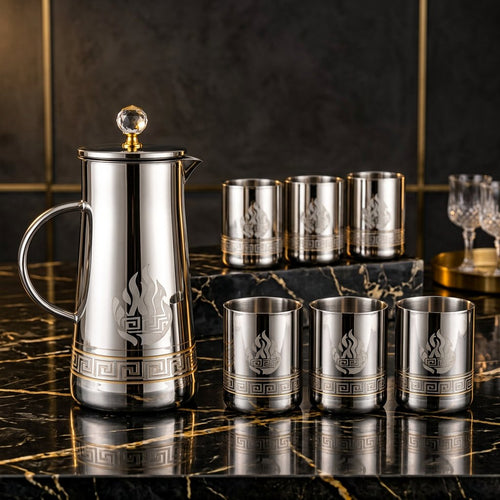 Modern Mirror Finish Pitcher and Glass 7 Piece Set