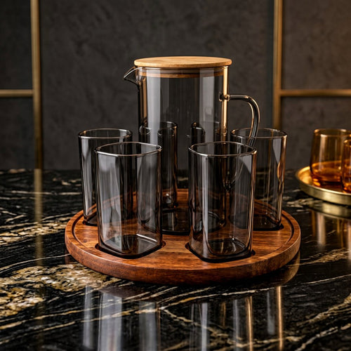 Modern Charcoal Tinted Glass Revolving Jug 8 Piece Set