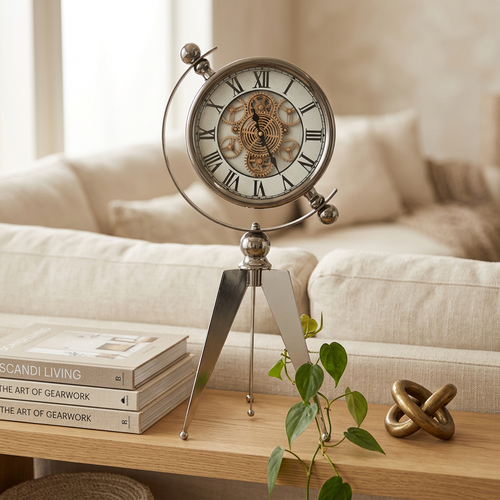 Modern Silver Metal Tripod Desk Clock