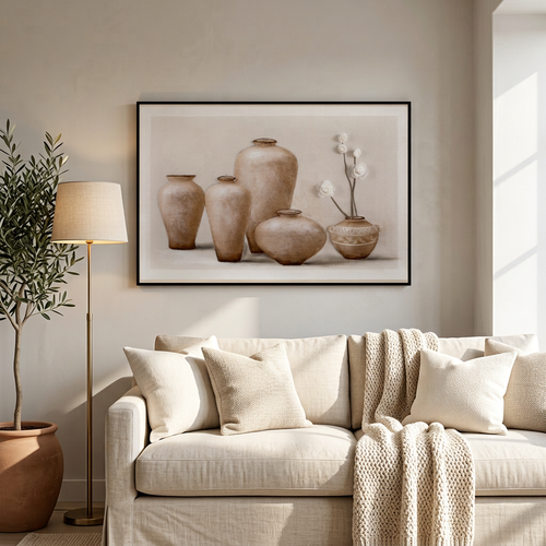 Rustic Earth Tone Vase & Floral Relief Framed Canvas Art