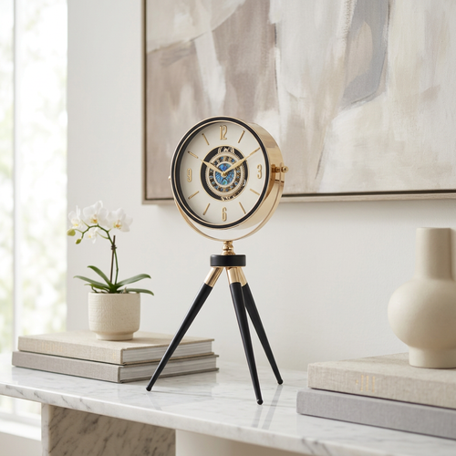 Mid Century Gold Tripod Desk Clock with Openwork Dial