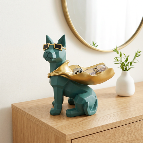 Modern Superhero Dog Statue with Gold Sunglasses & Cape