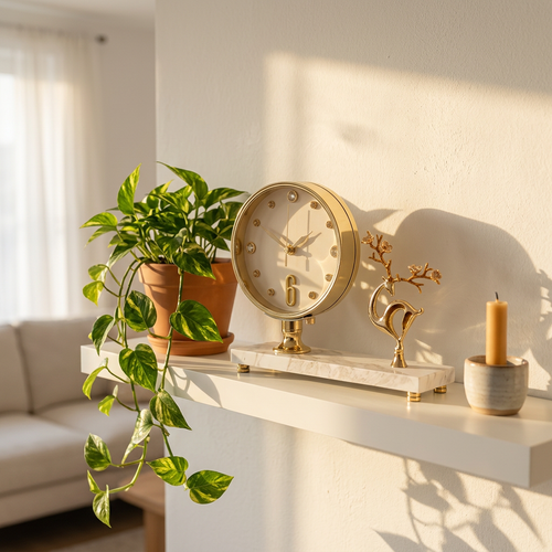 Gold Table Clock & Deer Figurine on Marble Base