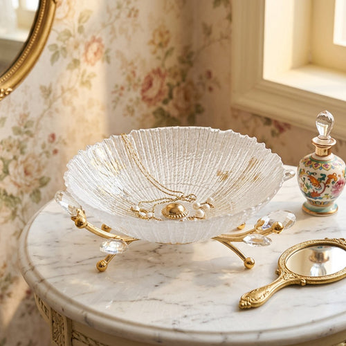 Crystal Glass Serving Bowl with Gold Metal Stand