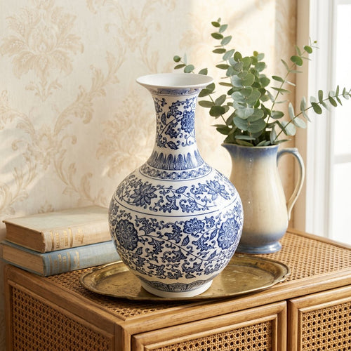 Classic Blue and White Floral Ceramic Vase