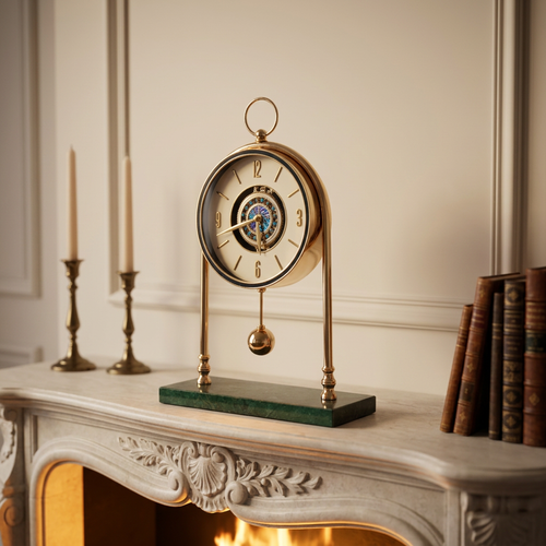 Modernist Gold Arched Desk Clock with Exposed Gear Dial