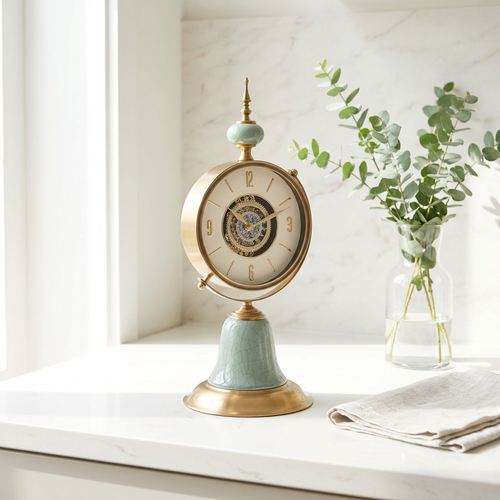 Antique Sage Crackle Table Clock with Spire Finial