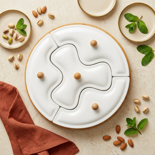 Elegant Covered Ceramic Serving Platter & Wooden Tray
