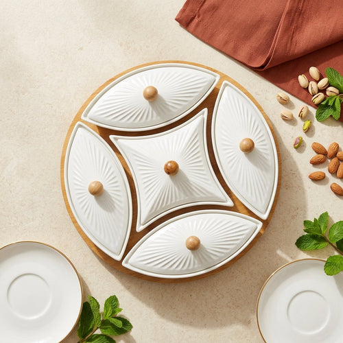 Elegant 5 Piece Covered Serving Set with Wooden Platter