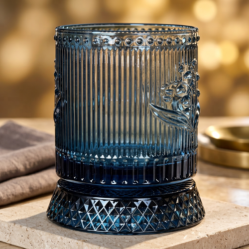 Luxury Blue Floral Embossed Rotating Glass (250 ML)