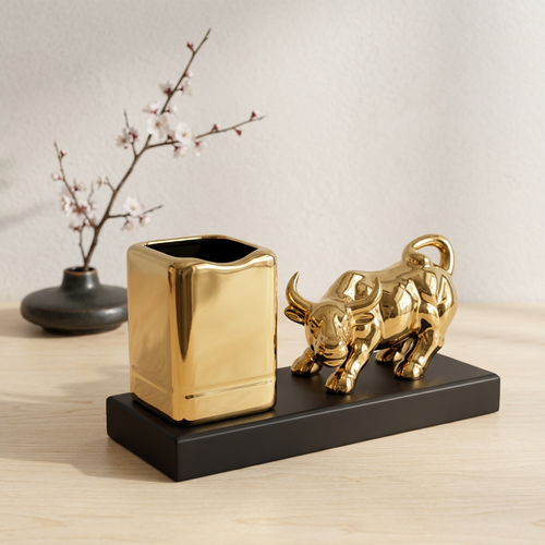 Luxury Gold Bull & Pen Holder Desk Set