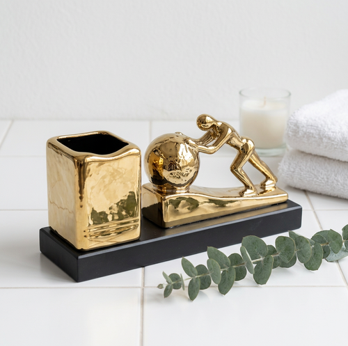 Luxury Gold Figure & Globe Pen Holder Desk Set