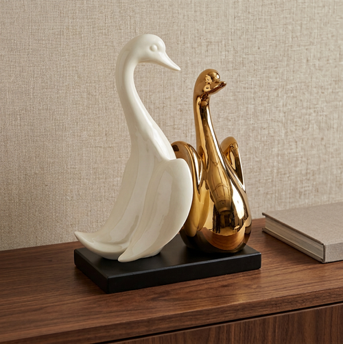 Graceful Swan Duo Sculpture in Ivory & Gold