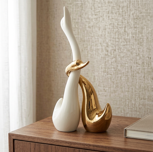 Embracing Swan Duo Sculpture in Ivory & Gold
