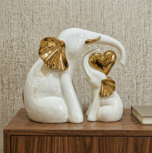 Elegant Gold Heart Motif & White Elephant Pair
