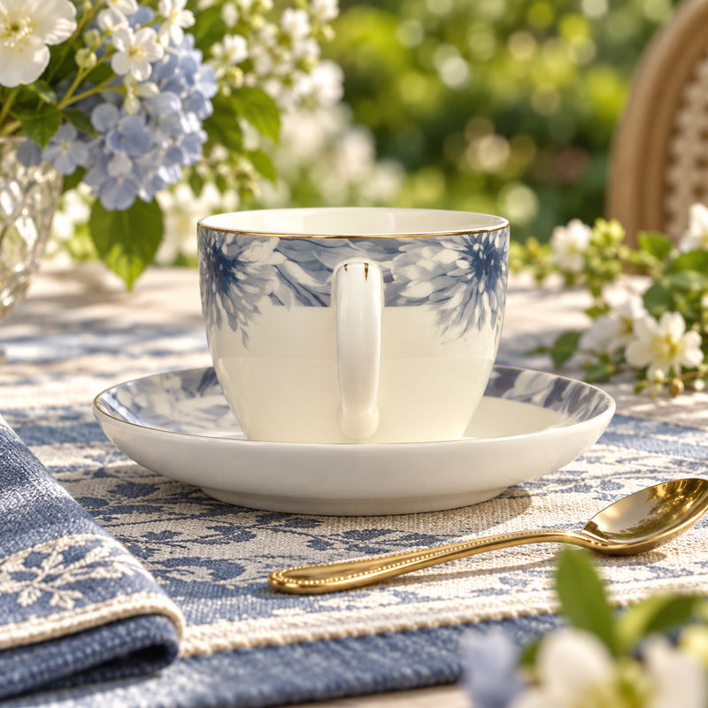 Indigo Bloom Elegance Fine Teacup & Saucer Set 12 Pcs