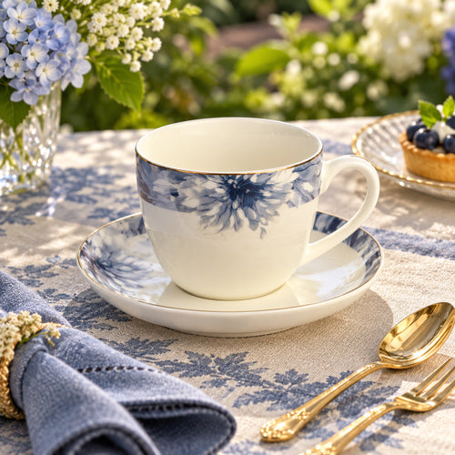 Indigo Bloom Elegance Fine Teacup & Saucer Set 12 Pcs