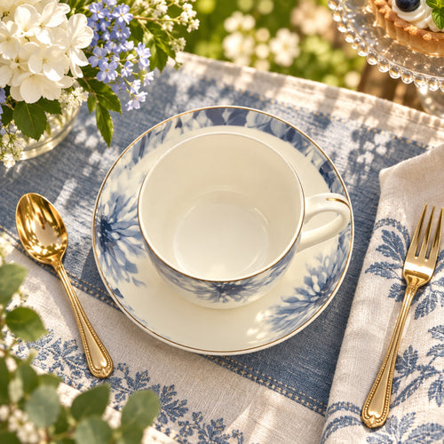 Indigo Bloom Elegance Fine Teacup & Saucer Set 12 Pcs