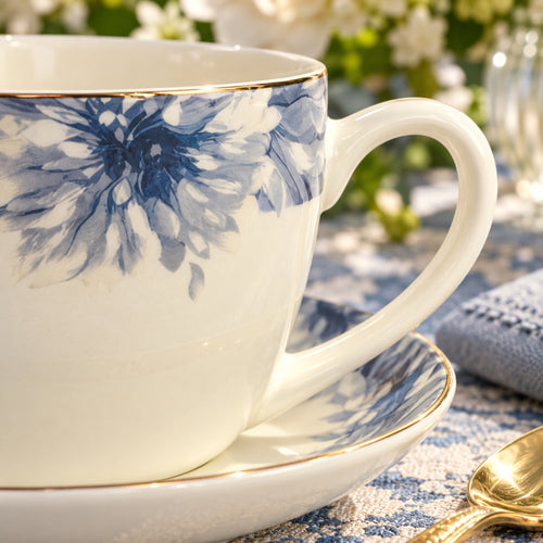 Indigo Bloom Elegance Fine Teacup & Saucer Set 12 Pcs