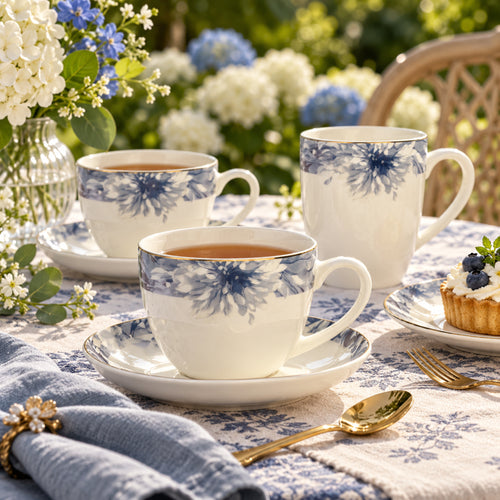 Indigo Bloom Elegance Fine Teacup & Saucer Set 12 Pcs
