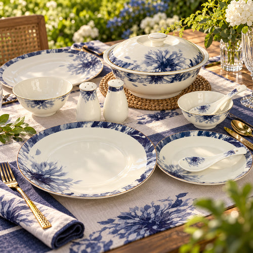 Indigo Bloom Elegance Navy Floral Fine Dinner Set 39 Pcs