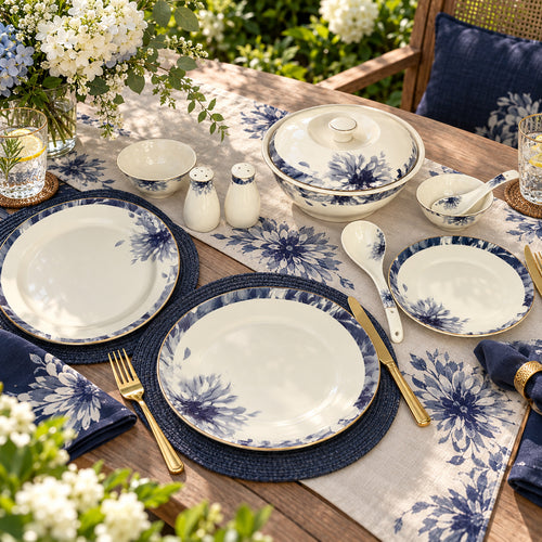 Indigo Bloom Elegance Navy Floral Fine Dinner Set 39 Pcs