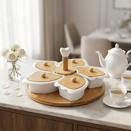 Elegant Flower Serving Set with Wooden Carrying Handle & Bamboo Tray
