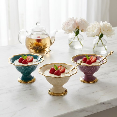 Elegant Ceramic Dessert Bowl & Gold Spoon Set of 6