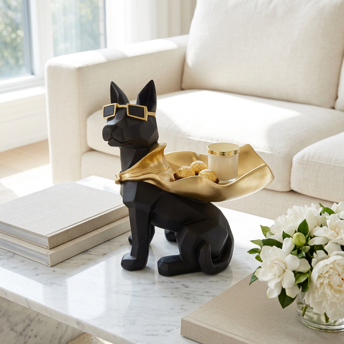 Modern Superhero Dog Statue with Gold Sunglasses & Cape