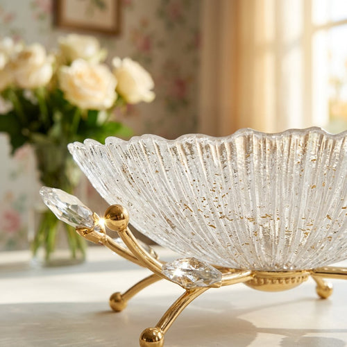 Crystal Glass Serving Bowl with Gold Metal Stand