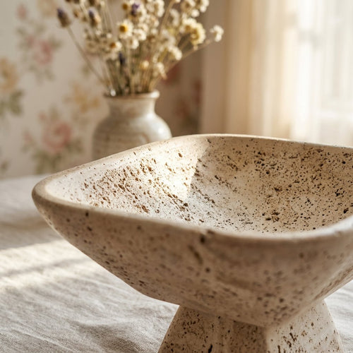 Elegant Travertine Square Pedestal Bowl