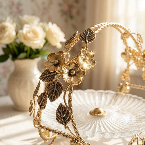 Luxe Gold Floral Frame Crystal Dessert Platter