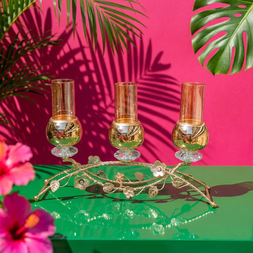 Gold Blossom Amber Glass 3 Piece Candle Holder