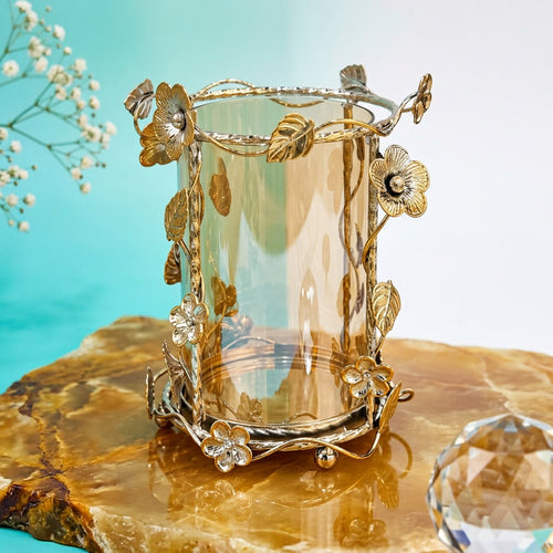Botanical Gold Frame Amber Glass Candle Holder