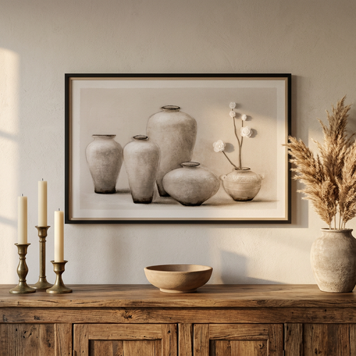 Rustic Earth Tone Vase & Floral Relief Framed Canvas Art