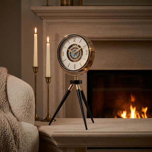 Mid Century Gold Tripod Desk Clock with Openwork Dial