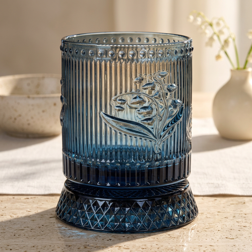Luxury Blue Floral Embossed Rotating Glass (250 ML)