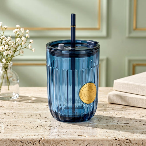 Modern Ribbed Blue Glass Tumbler with Straw (450 ML)