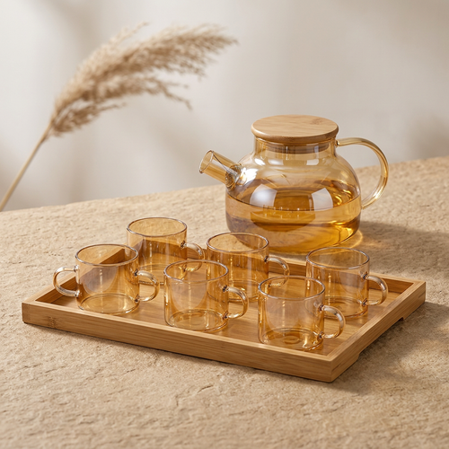 Borosilicate Kettle & Teacup Set with Wooden Tray 8 Piece Set