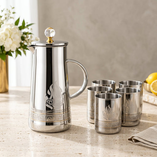 Modern Mirror Finish Pitcher and Glass 7 Piece Set