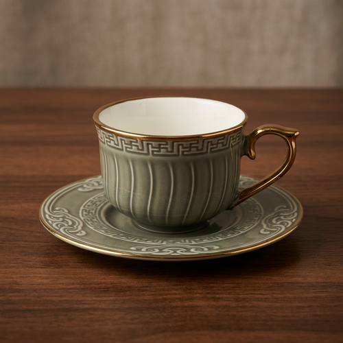 Fluted Charcoal Grey Cup & Saucer Set of 12