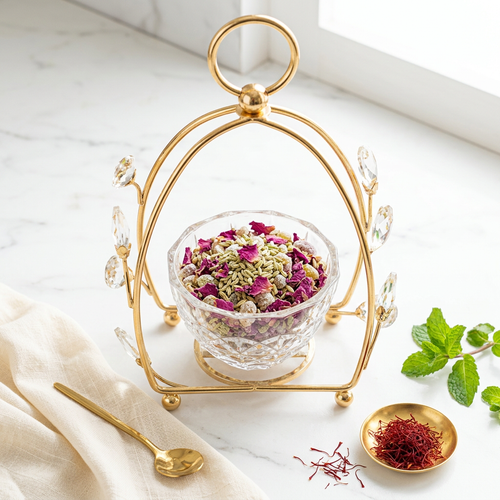 Crystal Glass Candy Jar in Gold Cage Frame