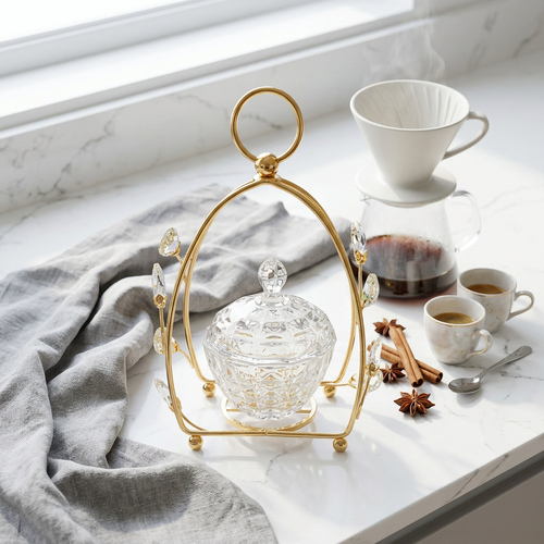 Crystal Glass Candy Bowl in Leaf Gold Cage