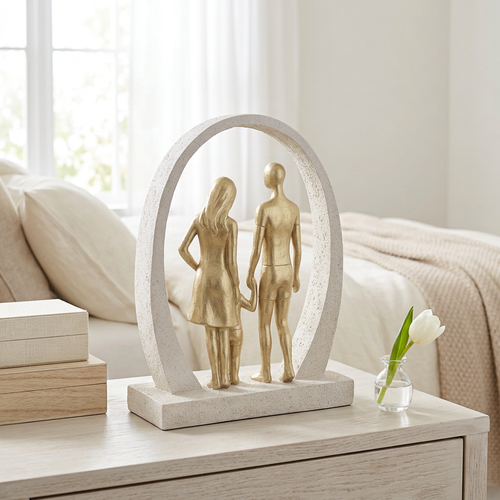 Golden Family of Three Sculpture with Oval Ring Frame