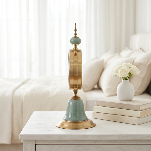 Antique Sage Crackle Table Clock with Spire Finial