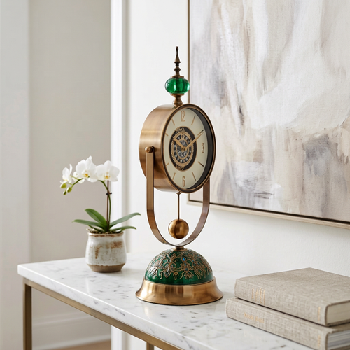 Regal Antique Clock with Skeletal Gear Dial & Emerald Pedestal