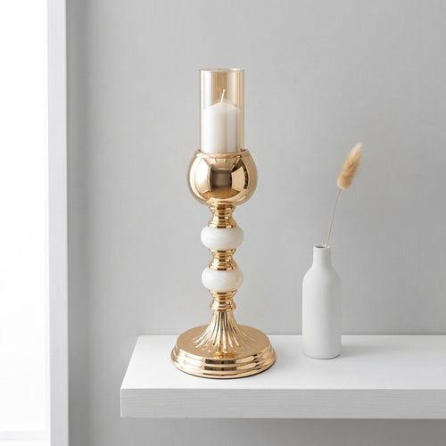 Modern Dual Pale Jade Accent Gold Candle Stand