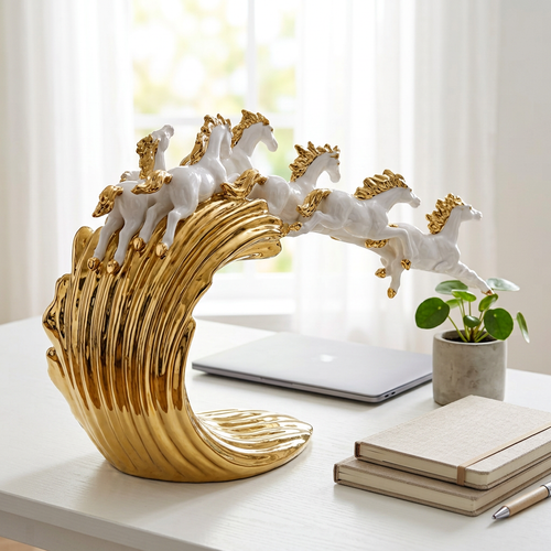 Seven Running Horses White & Gold Ceramic Statue