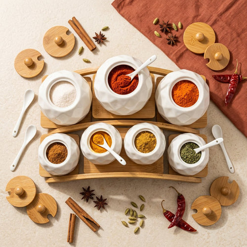 7-Piece Diamond-Textured Spice Jar Set with Wooden Arch Stand